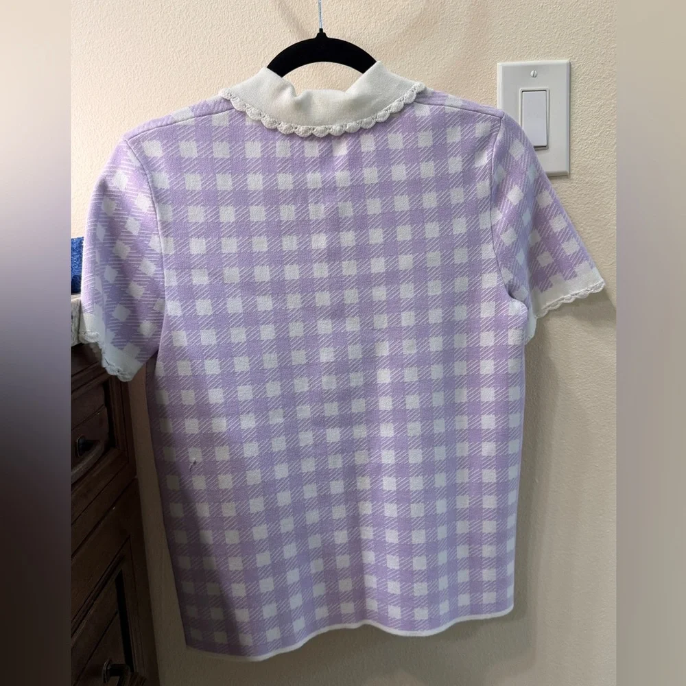 Maje woman’s Lavender Gingham Collared Knit Top with Scalloped Trim - Picture 7 of 8